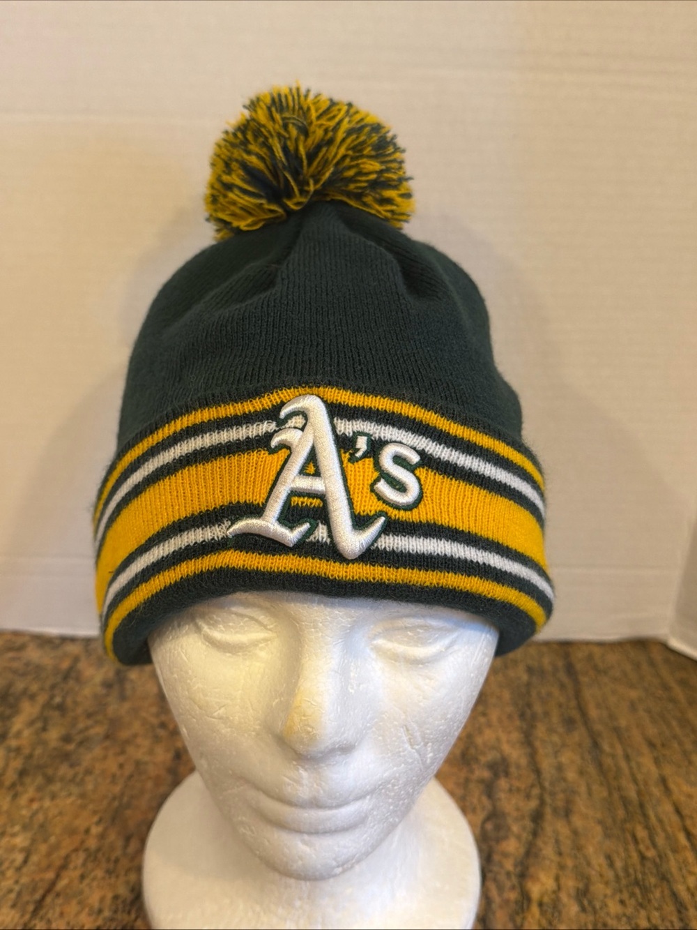 New Era Green Oakland Athletics Striped Cuffed Knit Hat with Pom Youth One Size